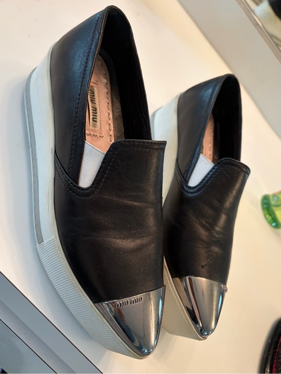 Miu Miu Shoes - Miu Miu Black Leather Slip-On Platforn Sneakers with Silver Toe Cap